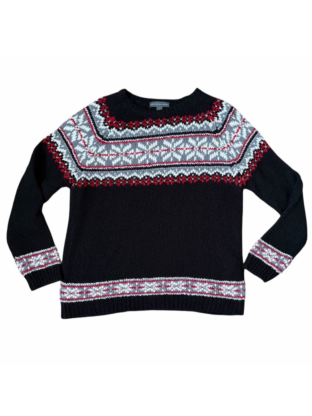 VTG Northern Isles Womens L Black Gray Red Fair Isle Pullover Crewneck Sweater